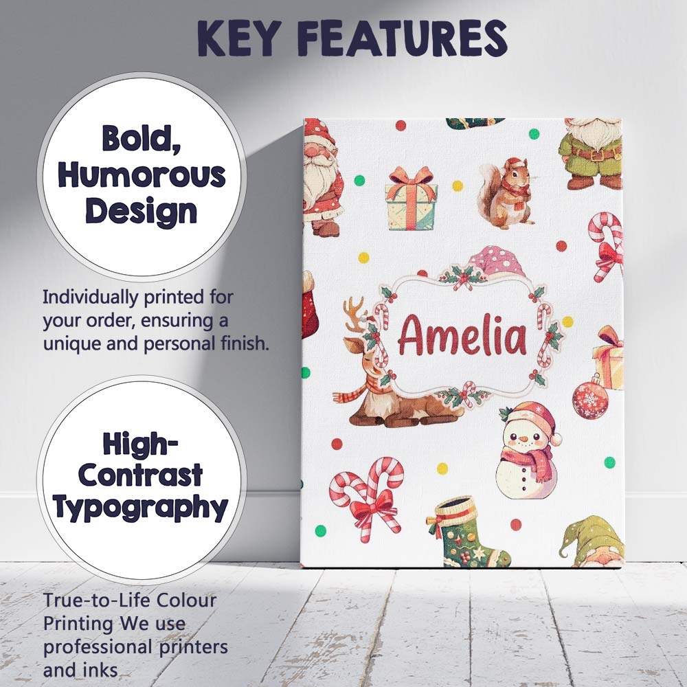Personalised Name Cute Christmas Gnome Custom  Modern Room Accent Elegant Feature Canvas Wall Art Print Decor Picture Ready to Hang