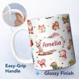 Personalized Custom Name Cute Christmas Gnome Reindeer Squirrel Gift Candy Cane Seamless 11oz Ceramic Coffee Tea Mug White Large Handle