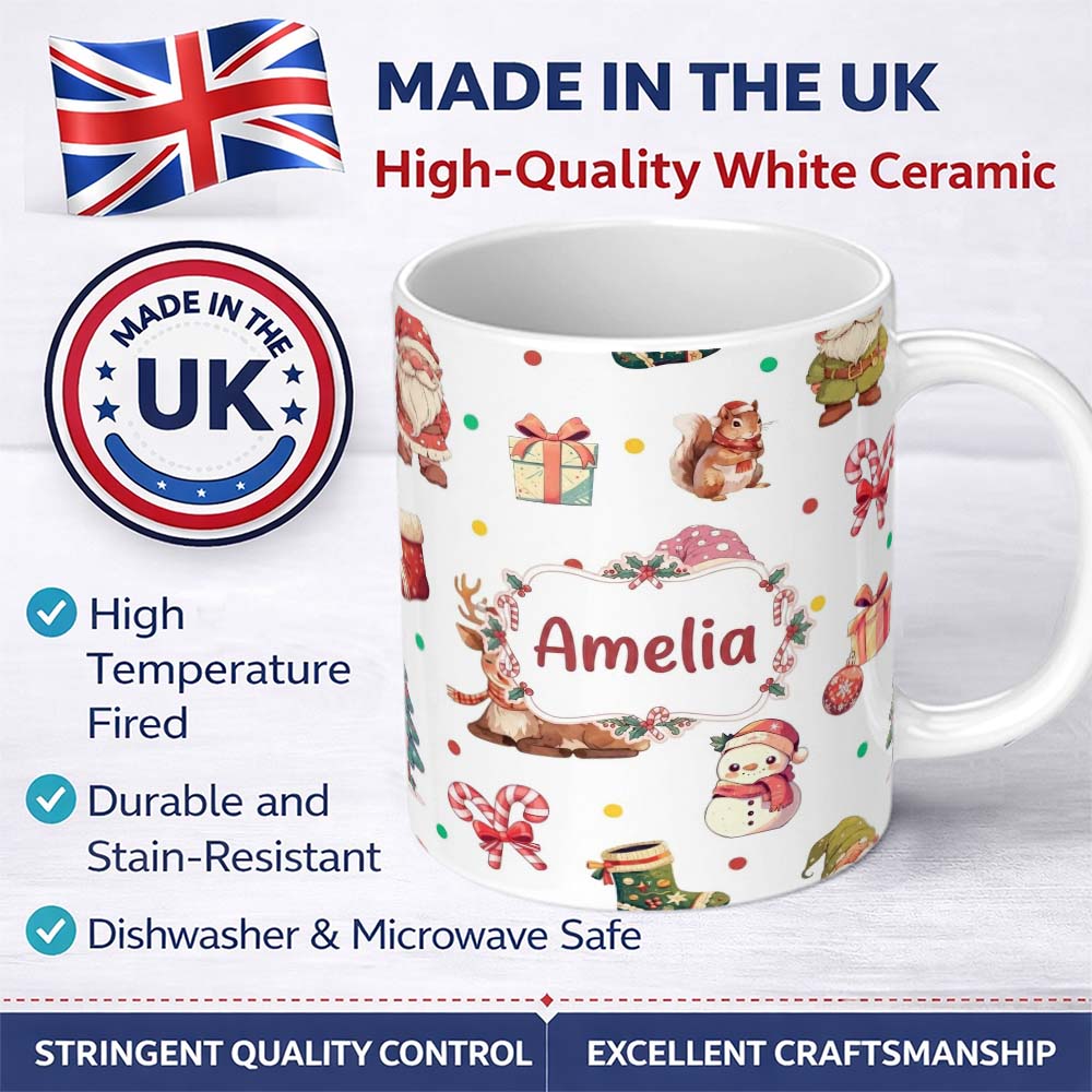 Personalized Custom Name Cute Christmas Gnome Reindeer Squirrel Gift Candy Cane Seamless 11oz Ceramic Coffee Tea Mug White Large Handle