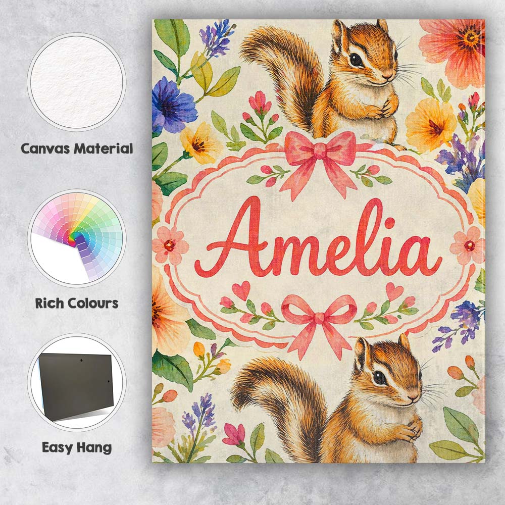 Personalised Name Watercolor Chipmunk Wildflower Botanical Seamless Custom Canvas Wall Art Print Decor Picture Ready to Hang