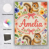 Personalised Name Watercolor Chipmunk Wildflower Botanical Seamless Custom Canvas Wall Art Print Decor Picture Ready to Hang