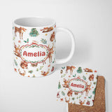 Personalized Custom Name Cute Watercolor Reindeer Squirrel Holly Leaves Christmas Seamless 11oz Ceramic Coffee Tea Mug White Large Handle