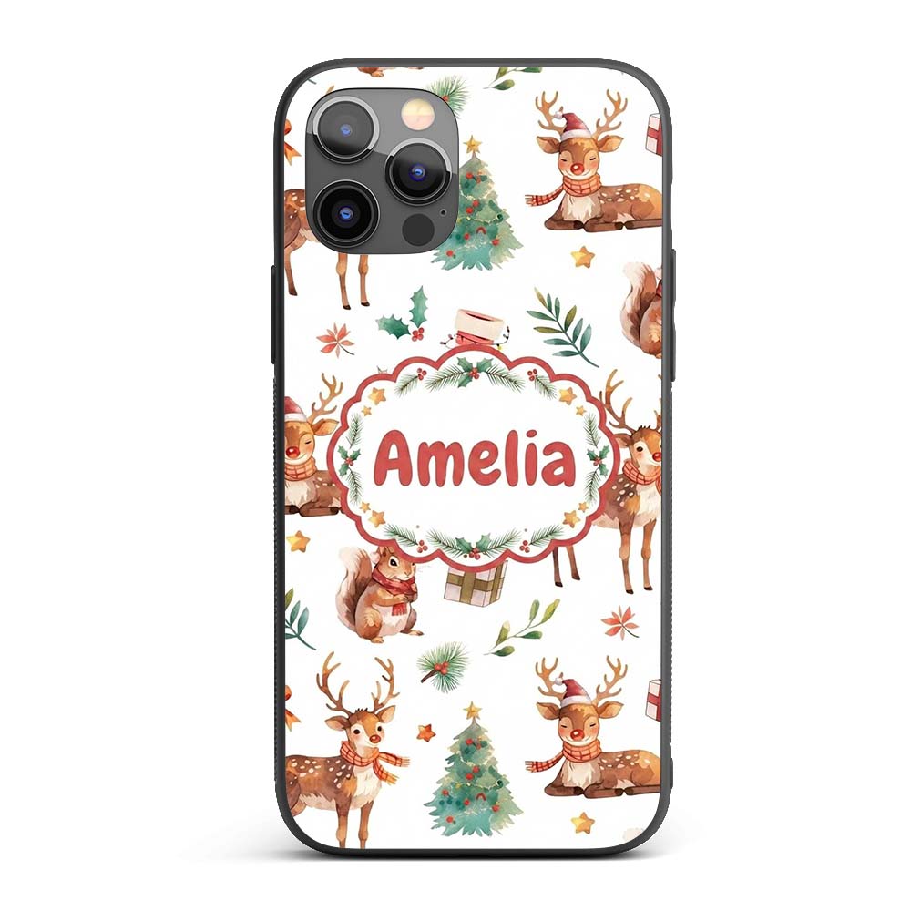 Cute Watercolor Reindeer Squirrel Holly Leaves Custom Name Protective Phone Case Mobile Cover Durable Everyday Smartphone Shock Resistant