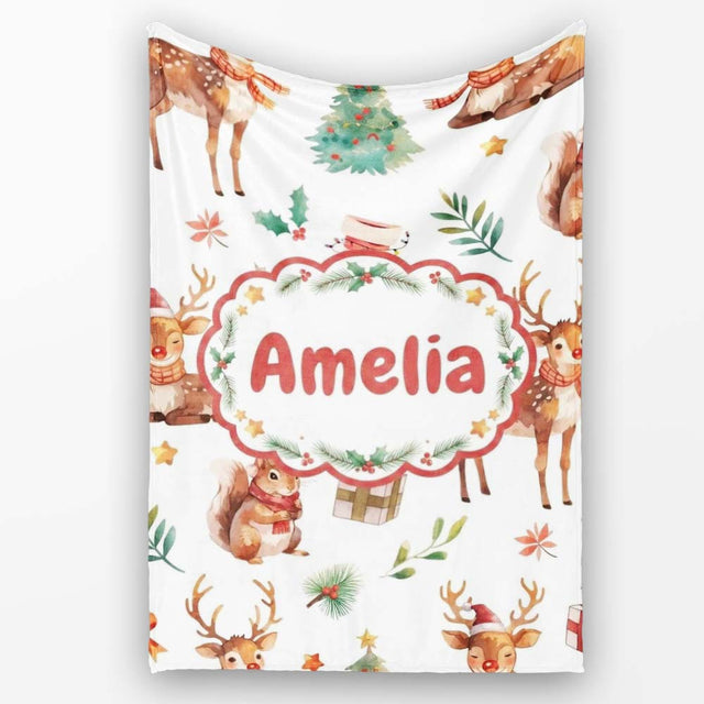 Cute Watercolor Reindeer Squirrel Holly Leaves Christmas Seamless  Personalised Custom Name Super Soft Fleece Blanket Bed Sofa Throw