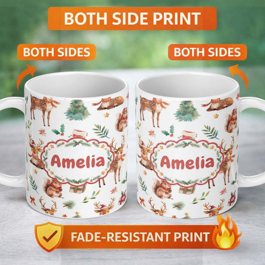 Personalized Custom Name Cute Watercolor Reindeer Squirrel Holly Leaves Christmas Seamless 11oz Ceramic Coffee Tea Mug White Large Handle