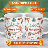 Personalized Custom Name Cute Watercolor Reindeer Squirrel Holly Leaves Christmas Seamless 11oz Ceramic Coffee Tea Mug White Large Handle