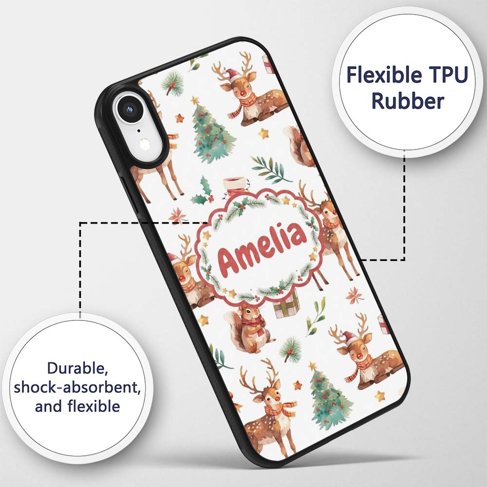 Cute Watercolor Reindeer Squirrel Holly Leaves Custom Name Protective Phone Case Mobile Cover Durable Everyday Smartphone Shock Resistant