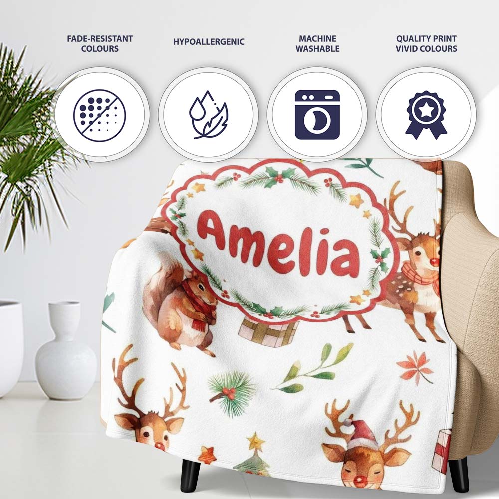 Cute Watercolor Reindeer Squirrel Holly Leaves Christmas Seamless  Personalised Custom Name Super Soft Fleece Blanket Bed Sofa Throw