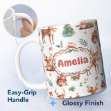 Personalized Custom Name Cute Watercolor Reindeer Squirrel Holly Leaves Christmas Seamless 11oz Ceramic Coffee Tea Mug White Large Handle