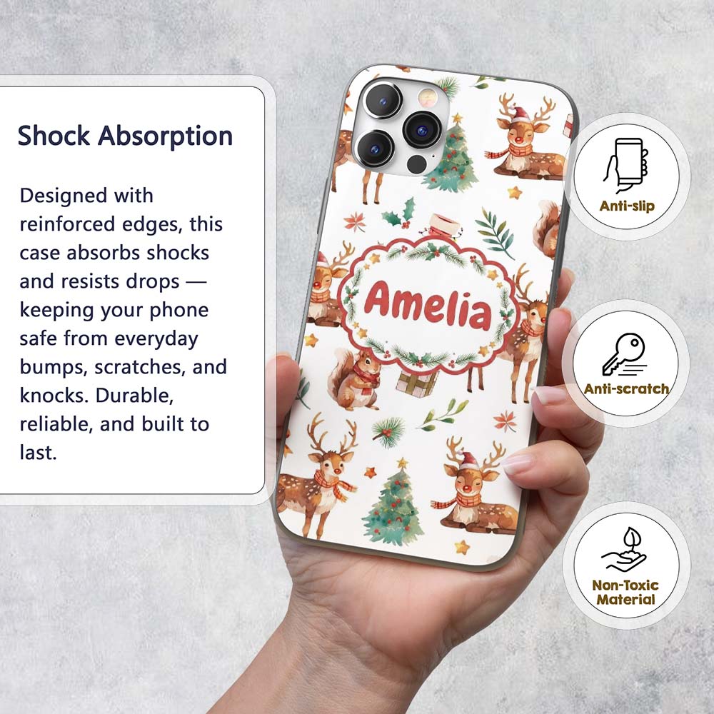 Cute Watercolor Reindeer Squirrel Holly Leaves Custom Name Protective Phone Case Mobile Cover Durable Everyday Smartphone Shock Resistant