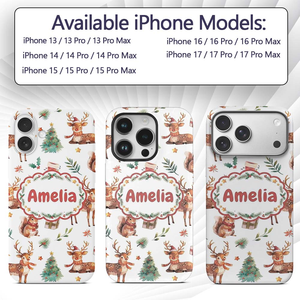 Cute Watercolor Reindeer Squirrel Holly Leaves Custom Name Protective Phone Case Mobile Cover Durable Everyday Smartphone Shock Resistant
