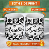 Personalized Custom Name Cute Black White Daisy Checkerboard Floral Seamless Pattern Name 11oz Ceramic Coffee Tea Mug White Large Handle