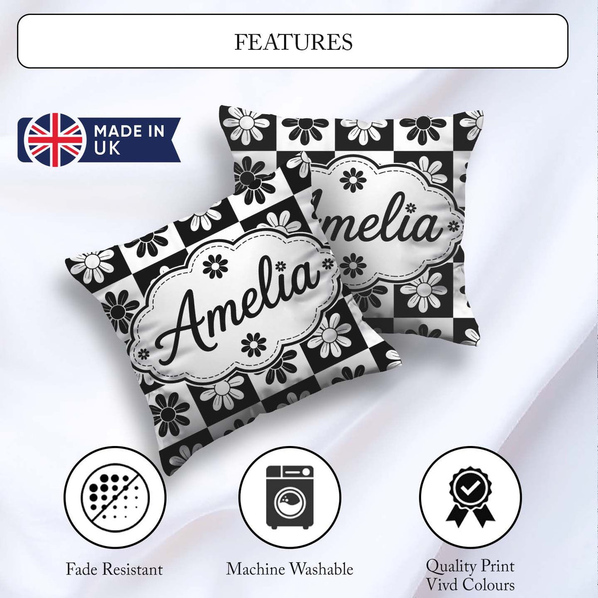 Custom Name Cute Black White Daisy Floral Seamless Pattern Name Square Filled Cushion Throw Pillow Sofa Bed Home Decor Zip Washable UK Made