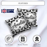 Custom Name Cute Black White Daisy Floral Seamless Pattern Name Square Filled Cushion Throw Pillow Sofa Bed Home Decor Zip Washable UK Made