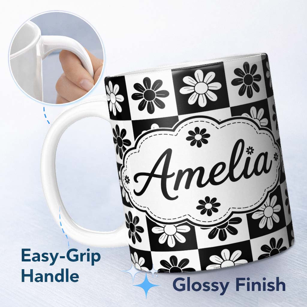 Personalized Custom Name Cute Black White Daisy Checkerboard Floral Seamless Pattern Name 11oz Ceramic Coffee Tea Mug White Large Handle