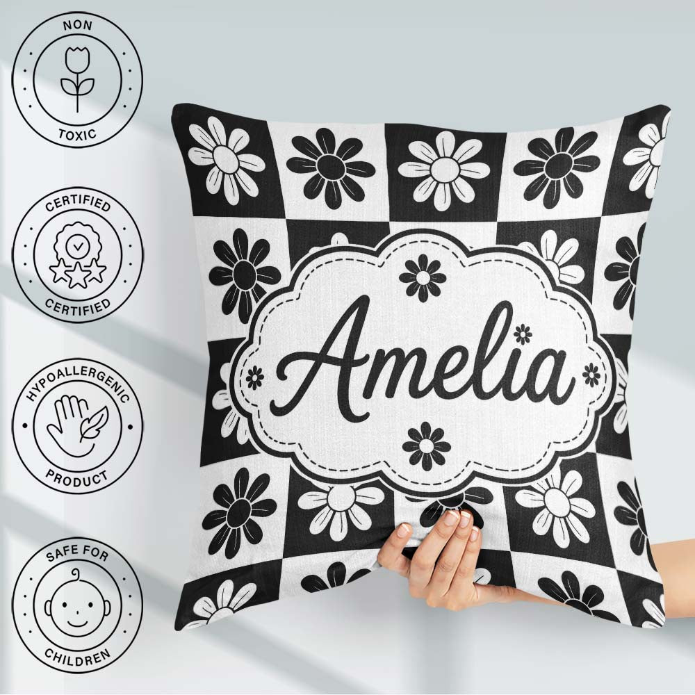 Custom Name Cute Black White Daisy Floral Seamless Pattern Name Square Filled Cushion Throw Pillow Sofa Bed Home Decor Zip Washable UK Made