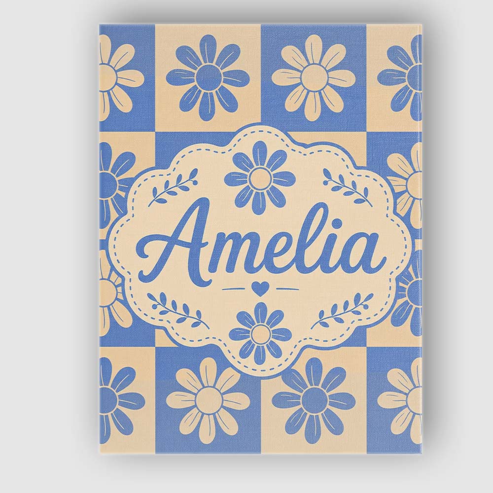 Personalised Name Cute Blue Beige Daisy Custom  Modern Room Accent Elegant Feature Canvas Wall Art Print Decor Picture Ready to Hang