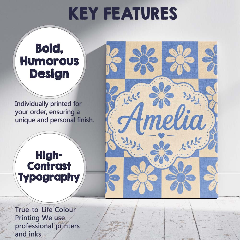 Personalised Name Cute Blue Beige Daisy Custom  Modern Room Accent Elegant Feature Canvas Wall Art Print Decor Picture Ready to Hang