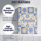 Personalised Name Cute Blue Beige Daisy Custom  Modern Room Accent Elegant Feature Canvas Wall Art Print Decor Picture Ready to Hang