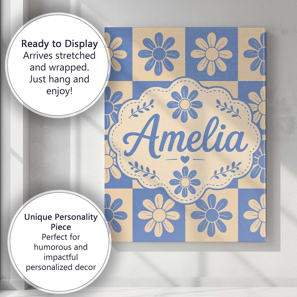 Personalised Name Cute Blue Beige Daisy Custom  Modern Room Accent Elegant Feature Canvas Wall Art Print Decor Picture Ready to Hang