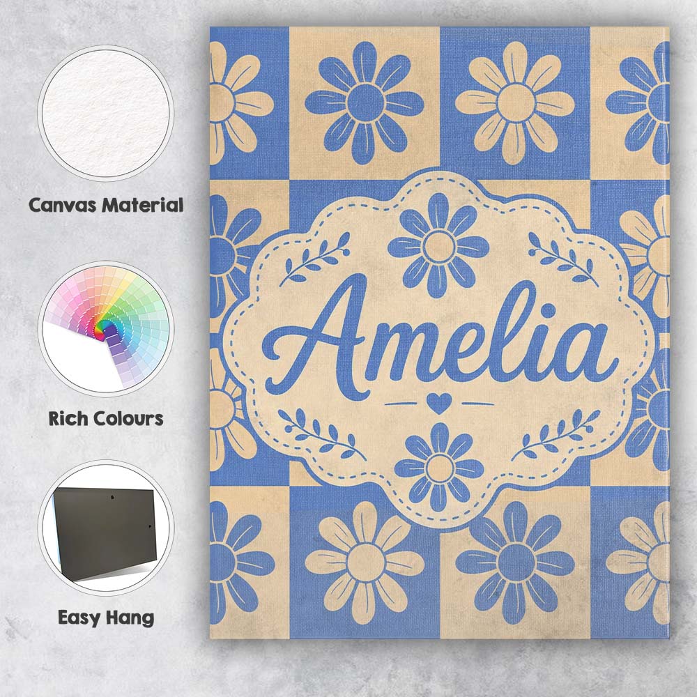 Personalised Name Cute Blue Beige Daisy Custom  Modern Room Accent Elegant Feature Canvas Wall Art Print Decor Picture Ready to Hang