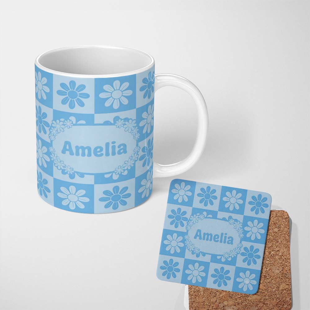 Personalized Custom Name Cute Soft Blue Daisy Checkerboard Floral Seamless Pattern Name 11oz Ceramic Coffee Tea Mug White Large Handle
