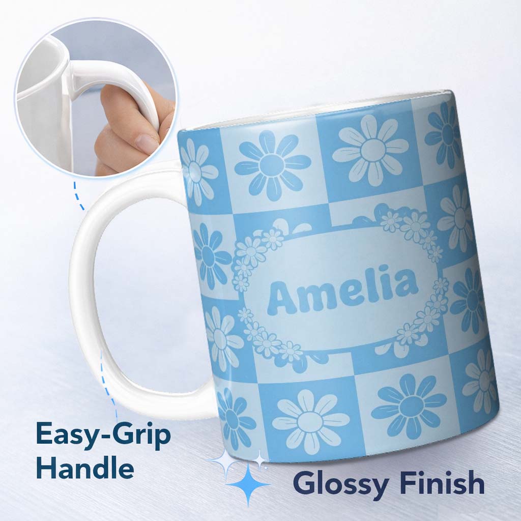 Personalized Custom Name Cute Soft Blue Daisy Checkerboard Floral Seamless Pattern Name 11oz Ceramic Coffee Tea Mug White Large Handle