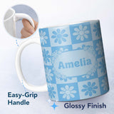 Personalized Custom Name Cute Soft Blue Daisy Checkerboard Floral Seamless Pattern Name 11oz Ceramic Coffee Tea Mug White Large Handle