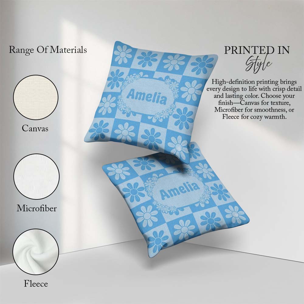 Custom Name Cute Soft Blue Daisy Floral Seamless Pattern Name Square Filled Cushion Throw Pillow Sofa Bed Home Decor Zip Washable UK Made