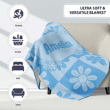 Cute Soft Blue Daisy Checkerboard Floral Seamless Pattern Name  Personalised Custom Name Super Soft Fleece Blanket Bed Sofa Throw