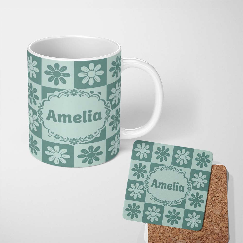 Personalized Custom Name Cute Green Daisy Checkerboard Floral Seamless Pattern Name Unique 11oz Ceramic Coffee Tea Mug White Large Handle