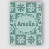 Personalised Name Cute Green Daisy Checkerboard Floral Seamless Creative Decorator Style Canvas Wall Art Print Decor Picture Ready to Hang
