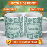 Personalized Custom Name Cute Green Daisy Checkerboard Floral Seamless Pattern Name Unique 11oz Ceramic Coffee Tea Mug White Large Handle