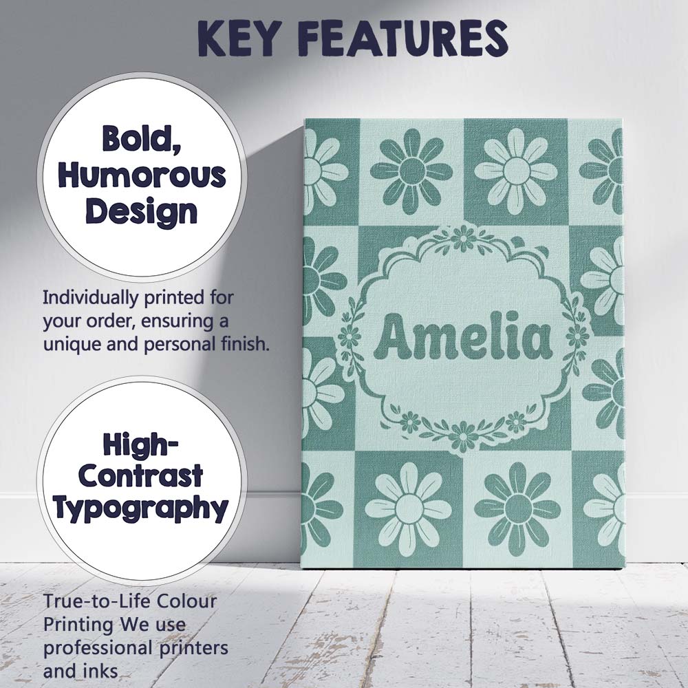 Personalised Name Cute Green Daisy Checkerboard Floral Seamless Creative Decorator Style Canvas Wall Art Print Decor Picture Ready to Hang