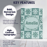Personalised Name Cute Green Daisy Checkerboard Floral Seamless Creative Decorator Style Canvas Wall Art Print Decor Picture Ready to Hang