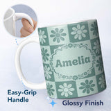 Personalized Custom Name Cute Green Daisy Checkerboard Floral Seamless Pattern Name Unique 11oz Ceramic Coffee Tea Mug White Large Handle