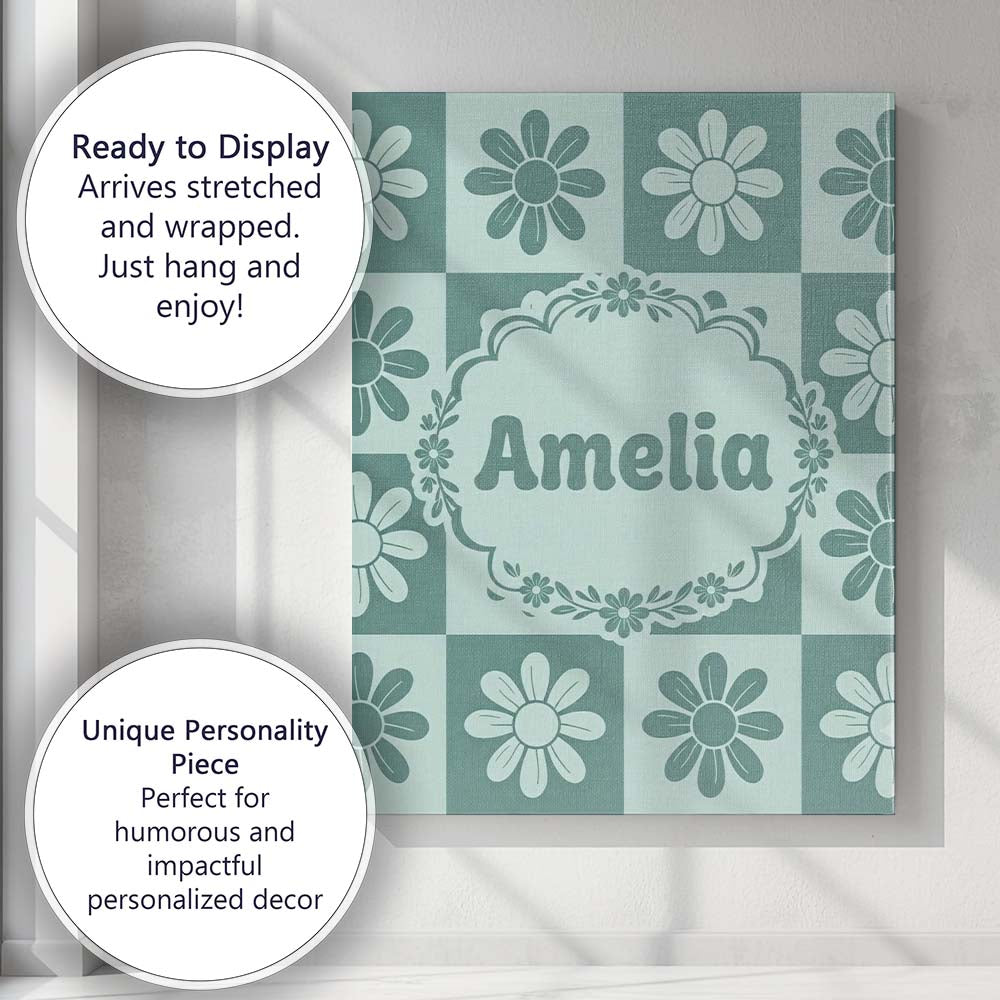 Personalised Name Cute Green Daisy Checkerboard Floral Seamless Creative Decorator Style Canvas Wall Art Print Decor Picture Ready to Hang
