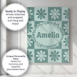 Personalised Name Cute Green Daisy Checkerboard Floral Seamless Creative Decorator Style Canvas Wall Art Print Decor Picture Ready to Hang
