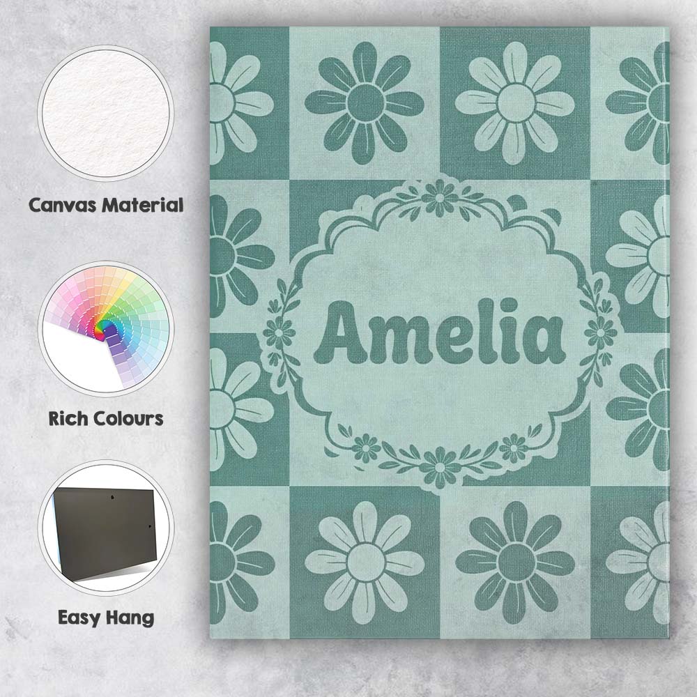 Personalised Name Cute Green Daisy Checkerboard Floral Seamless Creative Decorator Style Canvas Wall Art Print Decor Picture Ready to Hang