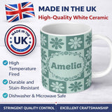 Personalized Custom Name Cute Green Daisy Checkerboard Floral Seamless Pattern Name Unique 11oz Ceramic Coffee Tea Mug White Large Handle