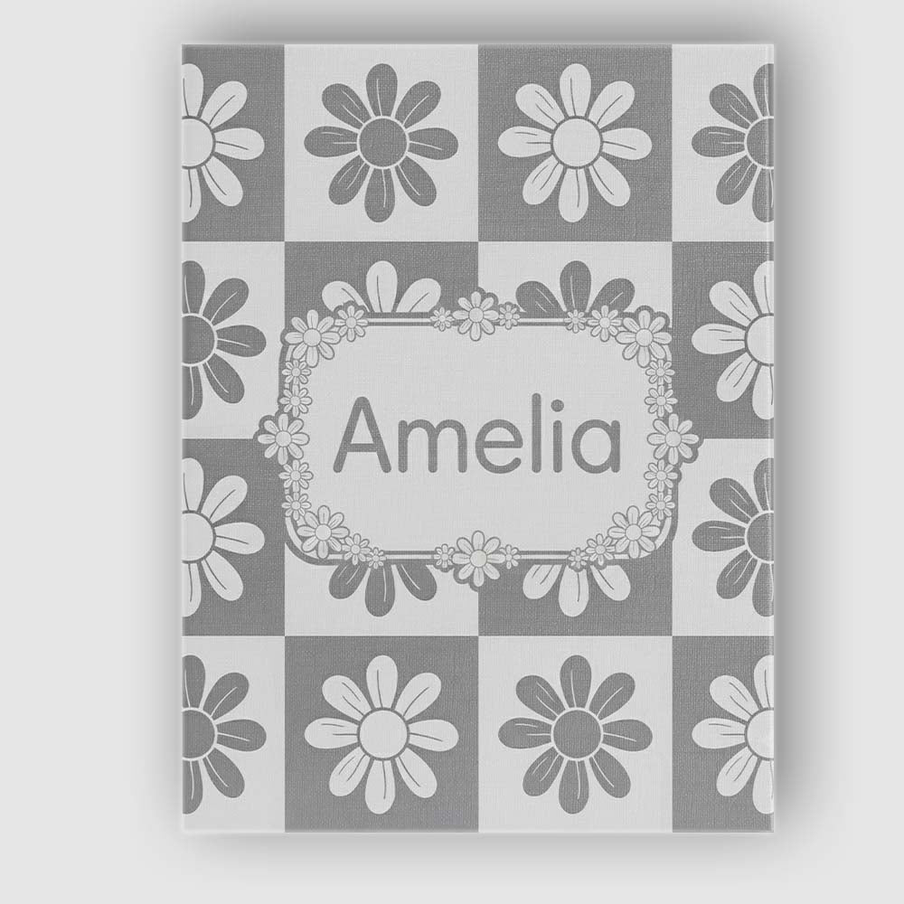 Personalised Name Cute Grey Daisy Checkerboard Floral Seamless Premium Decorative Design Canvas Wall Art Print Decor Picture Ready to Hang