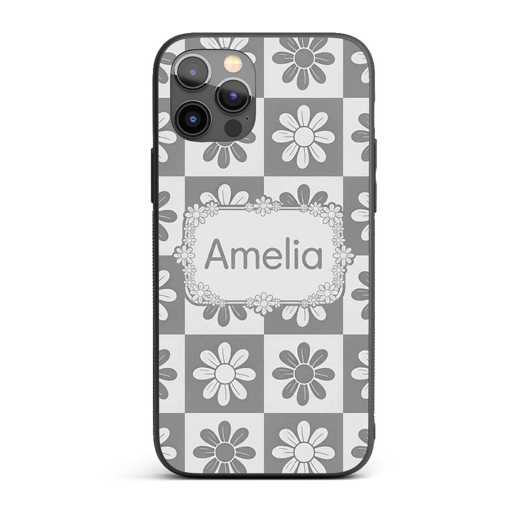 Cute Grey Daisy Checkerboard Floral Seamless Custom Name Protective Phone Case Mobile Cover Durable Everyday Smartphone Shock Resistant