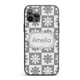 Cute Grey Daisy Checkerboard Floral Seamless Custom Name Protective Phone Case Mobile Cover Durable Everyday Smartphone Shock Resistant
