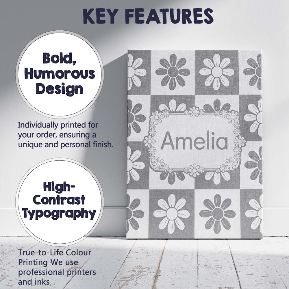 Personalised Name Cute Grey Daisy Checkerboard Floral Seamless Premium Decorative Design Canvas Wall Art Print Decor Picture Ready to Hang