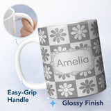 Personalized Custom Name Cute Grey Daisy Checkerboard Floral Seamless Pattern Name Unique 11oz Ceramic Coffee Tea Mug White Large Handle