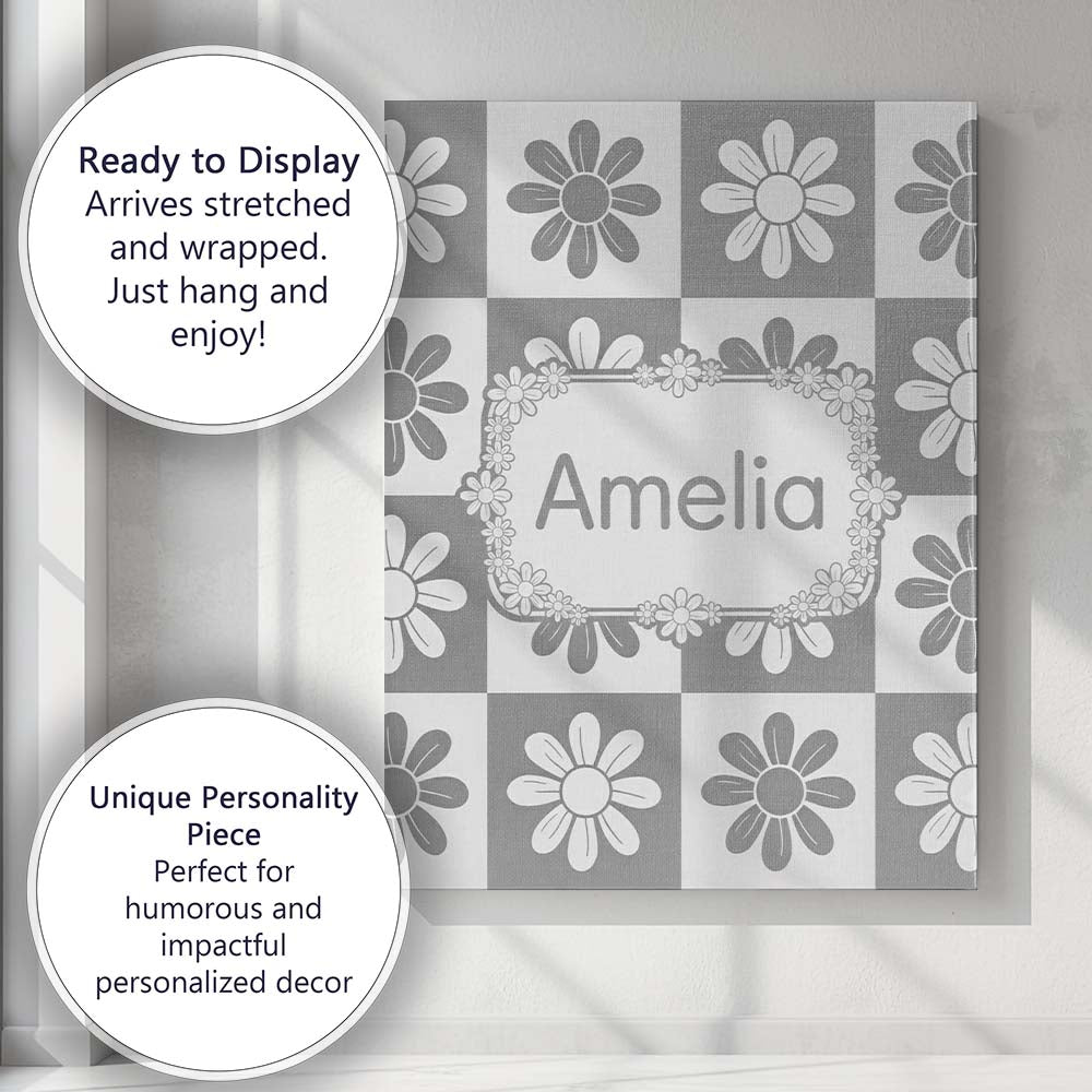 Personalised Name Cute Grey Daisy Checkerboard Floral Seamless Premium Decorative Design Canvas Wall Art Print Decor Picture Ready to Hang