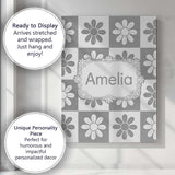 Personalised Name Cute Grey Daisy Checkerboard Floral Seamless Premium Decorative Design Canvas Wall Art Print Decor Picture Ready to Hang