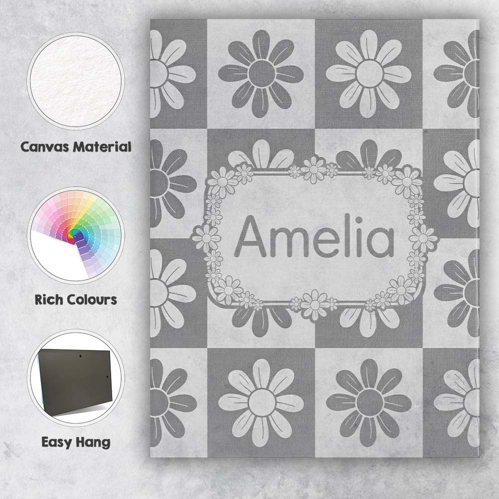 Personalised Name Cute Grey Daisy Checkerboard Floral Seamless Premium Decorative Design Canvas Wall Art Print Decor Picture Ready to Hang