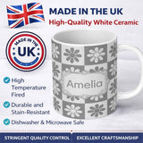 Personalized Custom Name Cute Grey Daisy Checkerboard Floral Seamless Pattern Name Unique 11oz Ceramic Coffee Tea Mug White Large Handle