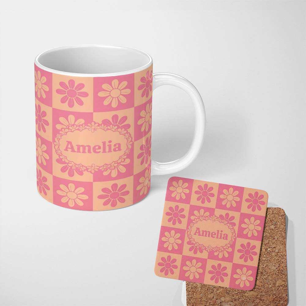Personalized Custom Name Cute Pink Peach Daisy Checkerboard Floral Seamless Pattern Name 11oz Ceramic Coffee Tea Mug White Large Handle